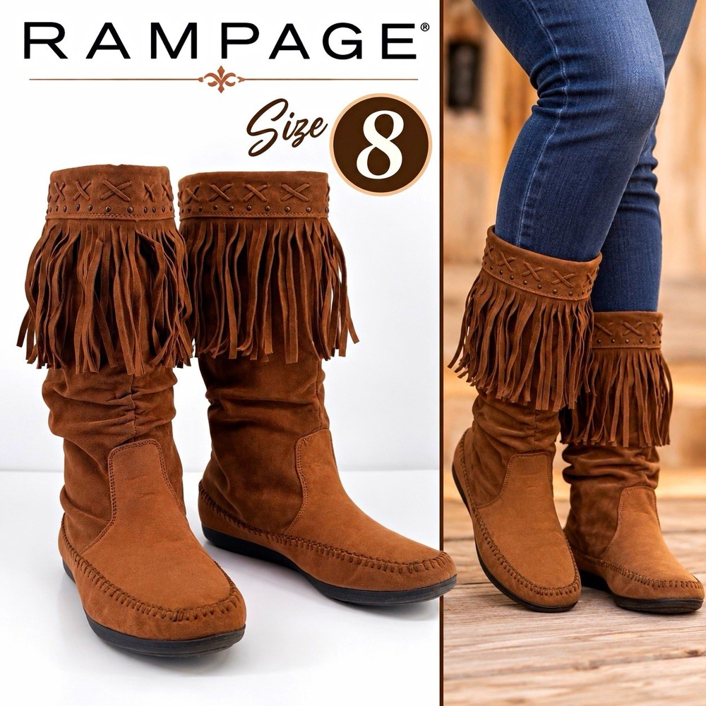 Rampage Citrine Women's Size 8M Brown Fringe Moccasin Boots Boho Western